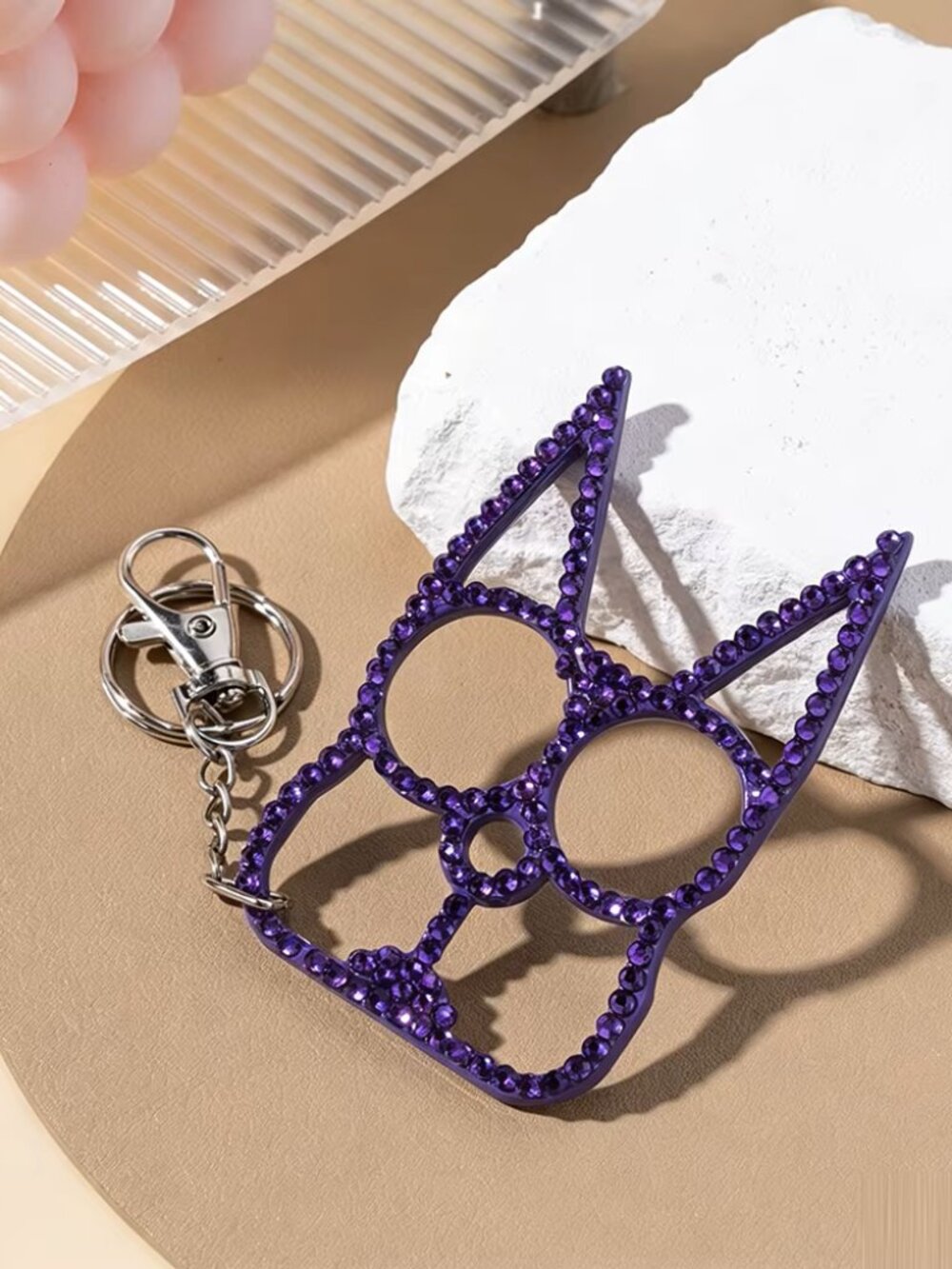 Purple Rhinestone Kitty Cat Ear Self Defense Keychain Bottle Opener🔑🐱
